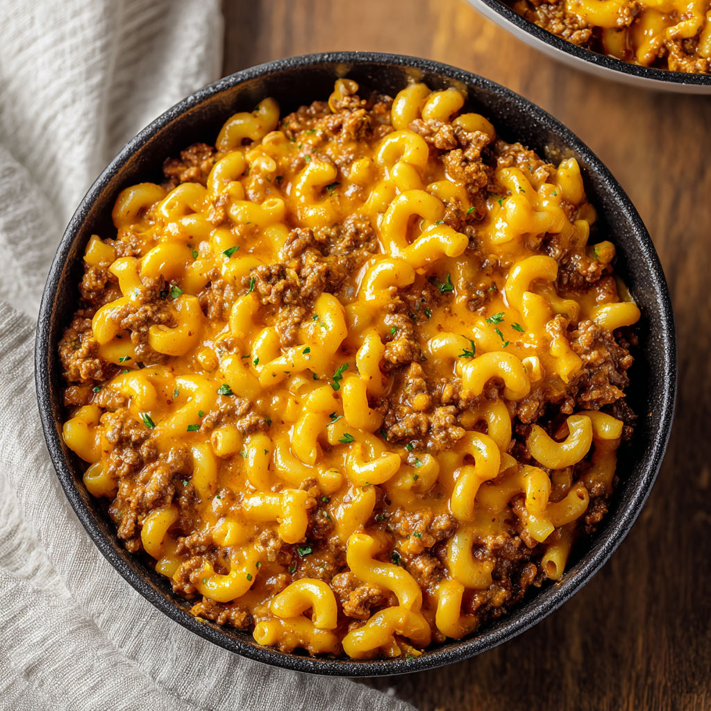 A bowl of macaroni and cheese with meat on top.
