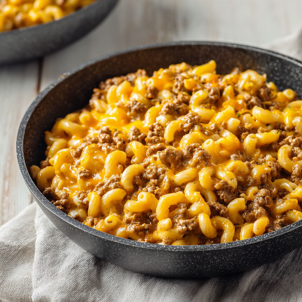 A bowl of macaroni and cheese with meat on top.