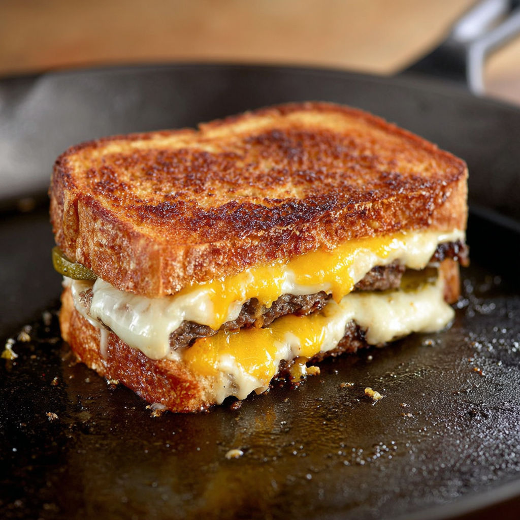 A grilled cheese sandwich with a slice of pickle on top.