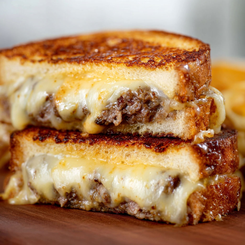 A close up of a grilled cheese sandwich with meat and cheese on a wooden table.