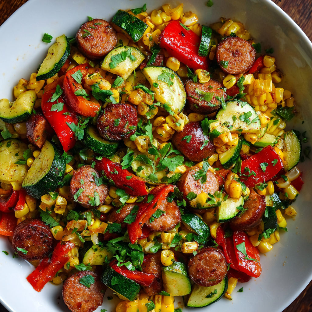 A white plate filled with a delicious sausage and vegetable skillet.