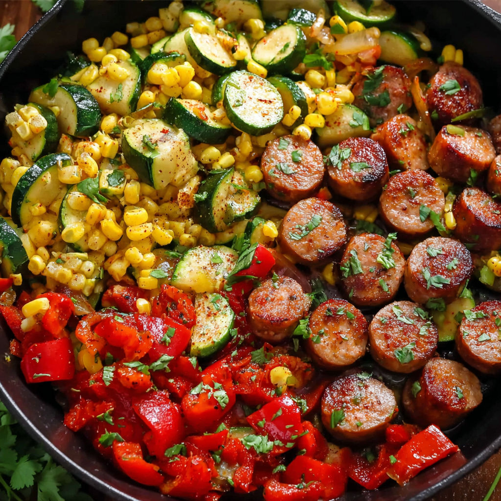 A delicious vegetable and sausage dish, including zucchini, corn, and tomatoes, is served in a bowl.