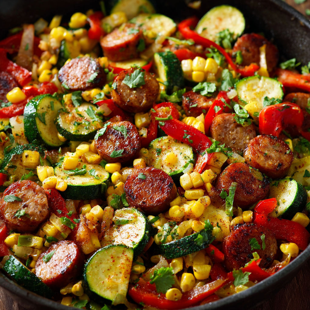 A delicious vegetable and sausage dish, including zucchini, corn, peppers, and sausage, all cooked together in a pan.