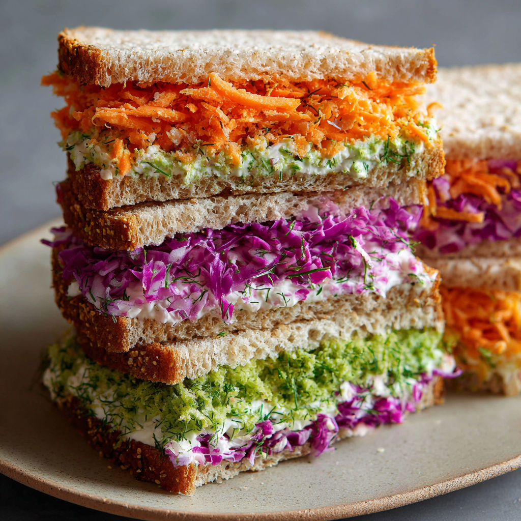 A plate of sandwiches with different colored fillings, including purple cabbage, carrots, and lettuce.