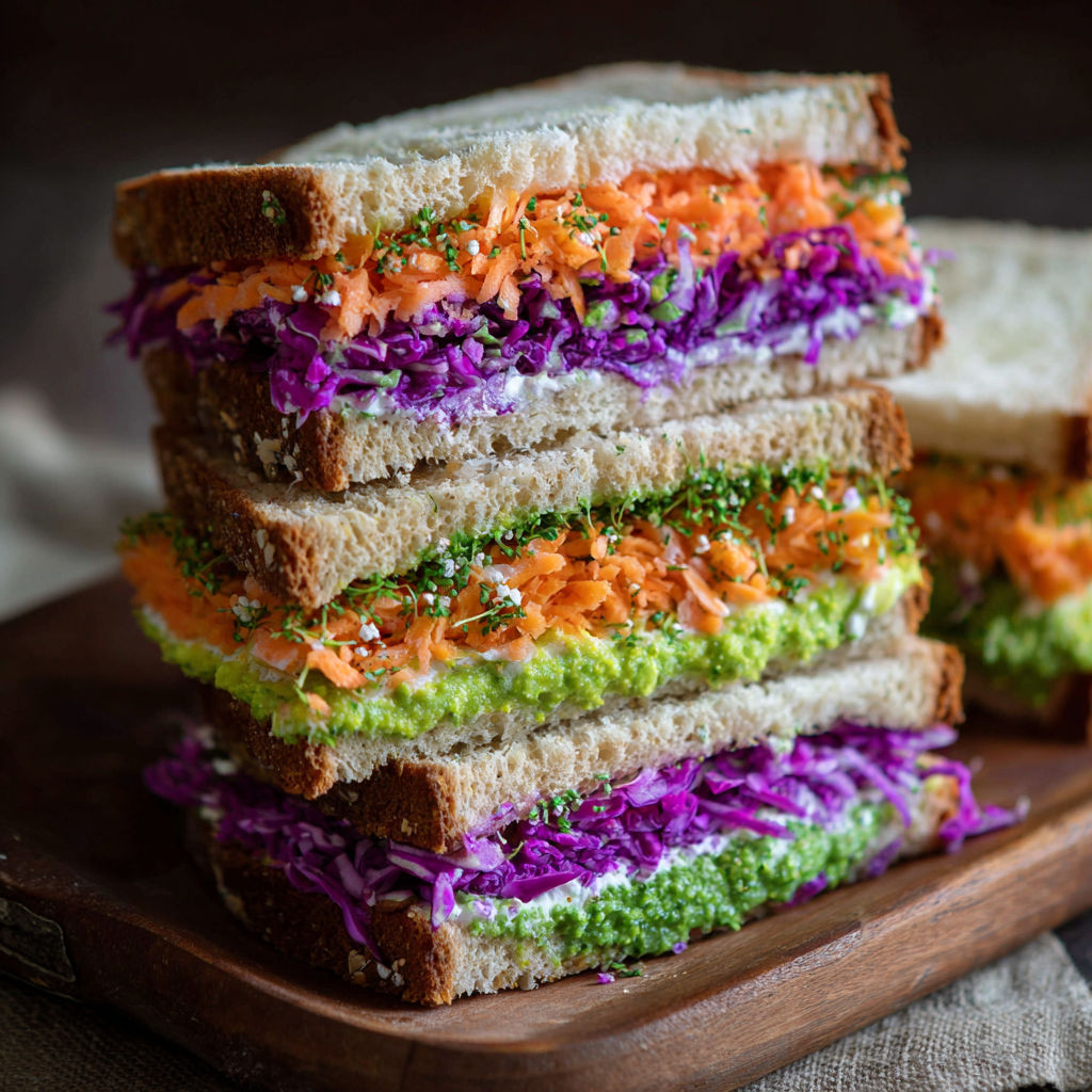 A sandwich cut in half reveals a variety of vegetables, including carrots and purple cabbage, inside.