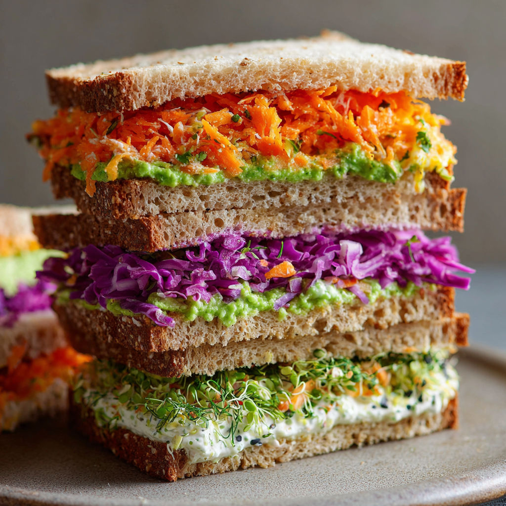 A stack of sandwiches with various vegetables and sauces, including lettuce, carrots, and purple cabbage.