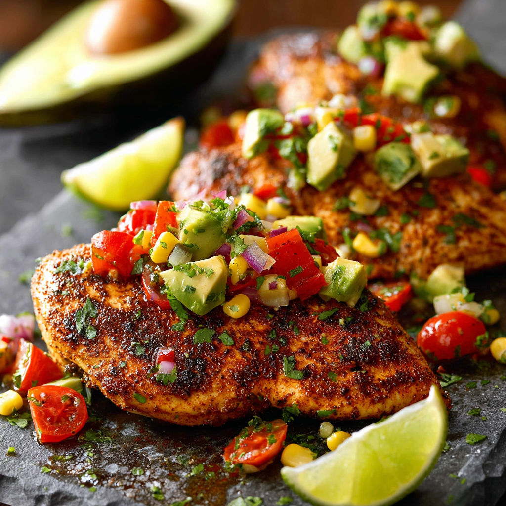 A plate of food with chicken, avocado, tomatoes, and lime.