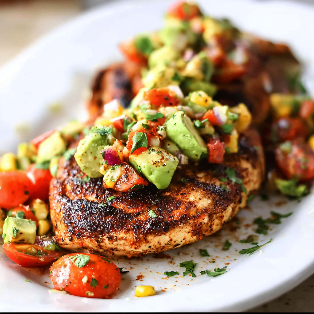 A plate of food with a variety of ingredients, including chicken, tomatoes, corn, and avocado, is presented on a table. The dish appears to be a delicious and healthy meal, possibly a chicken and vegetable stir-fry.
