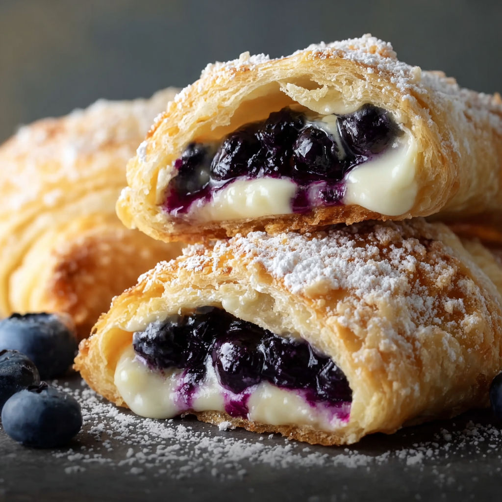 A delicious dessert made with blueberries and cheesecake, rolled up in a crescent roll.