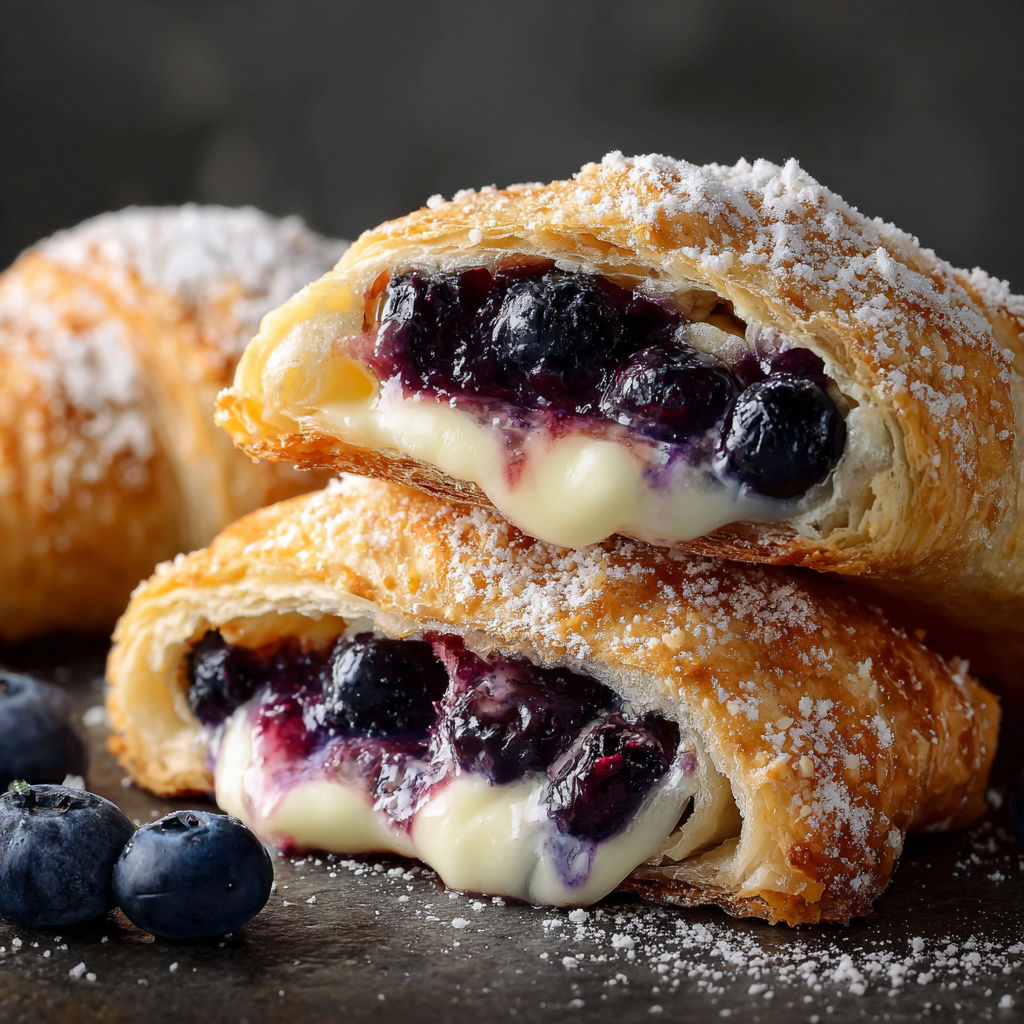 A pastry filled with blueberries and cream is topped with powdered sugar.