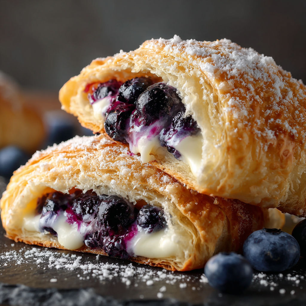 A pastry filled with blueberries and whipped cream is displayed on a table.