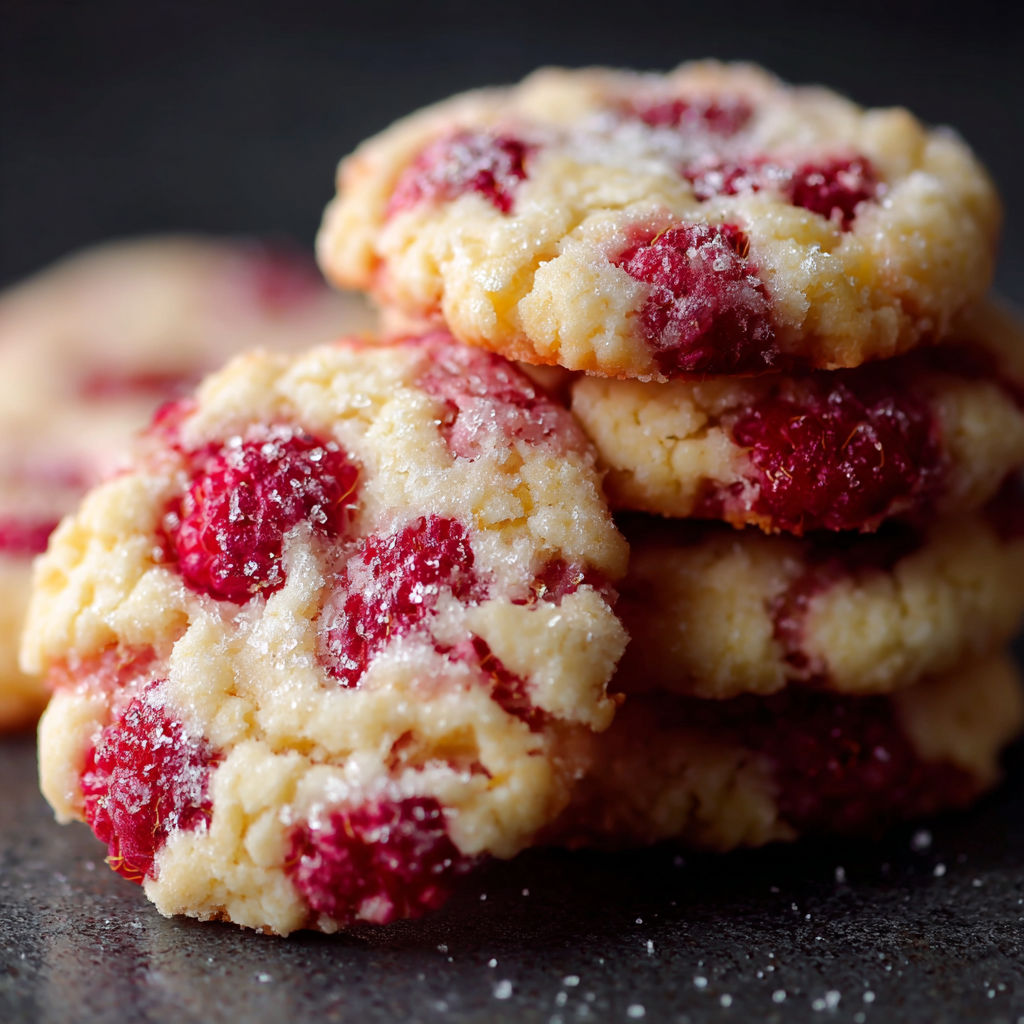 A stack of cookies with red raspberry filling.