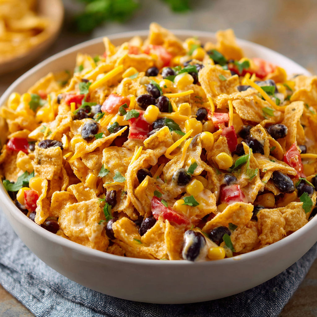 A bowl filled with a delicious Frito Corn Salad.