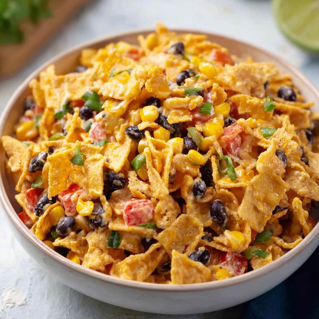 A bowl of Mexican food, including black beans, corn, and tomatoes, sits on a table.