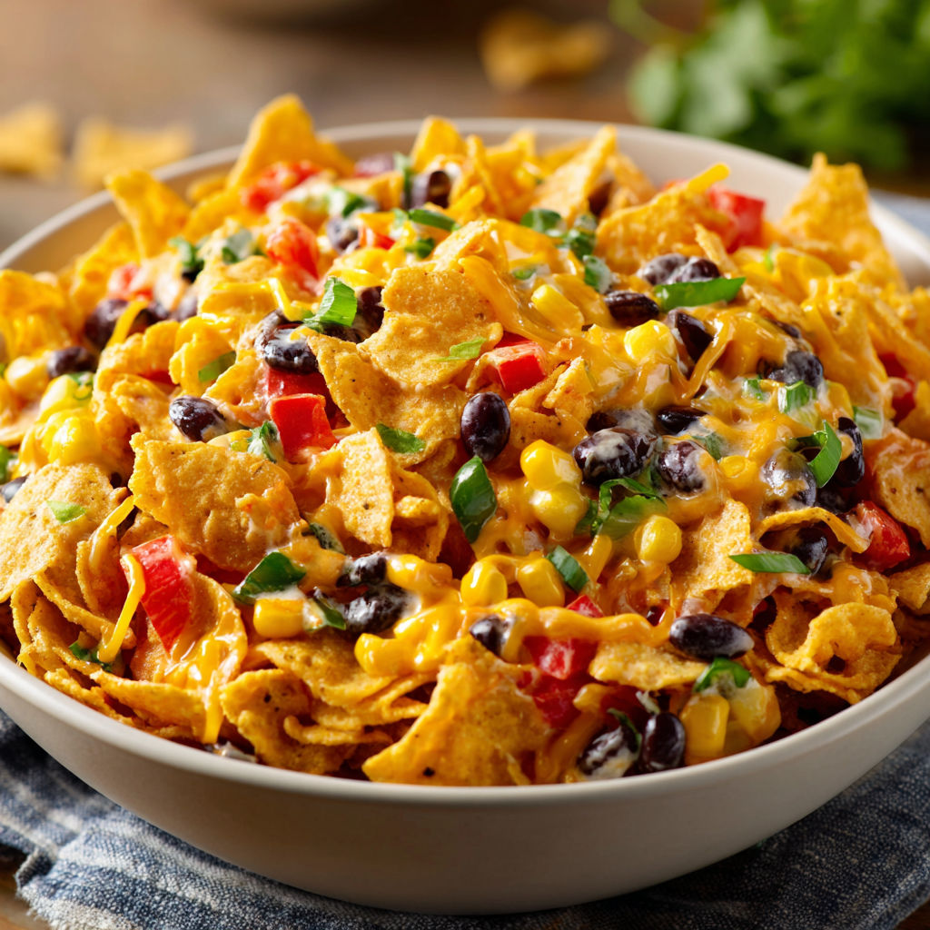 A bowl of nachos with a variety of toppings, including black beans, corn, and tomatoes.