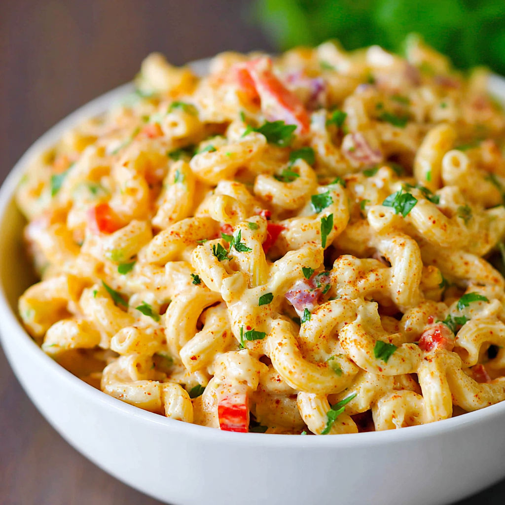 A bowl of macaroni and cheese with tomatoes and herbs.