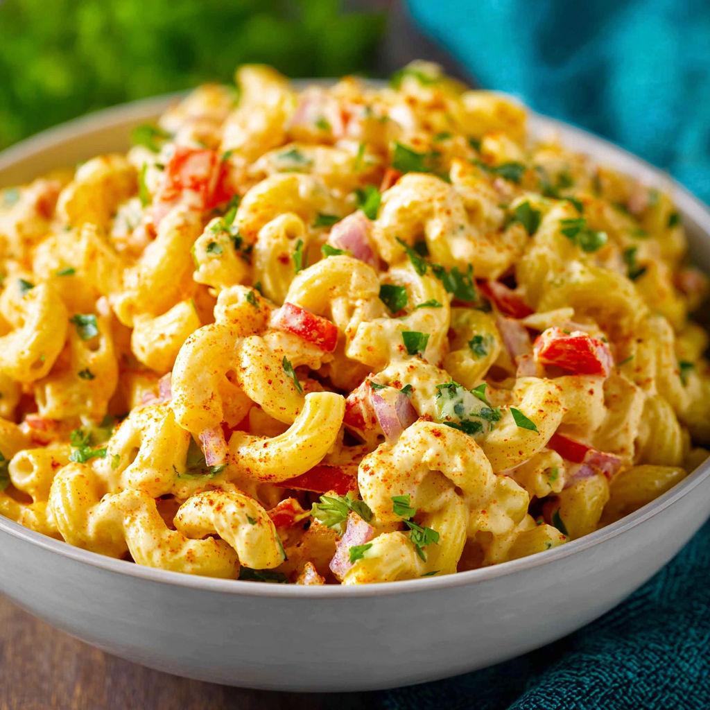 A bowl of macaroni and cheese with tomatoes and herbs.