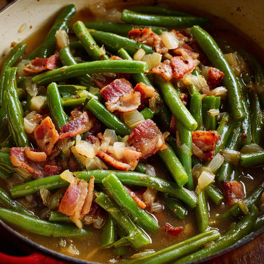 A close up of a dish filled with bacon and green beans, likely a recipe for a hearty and flavorful meal.