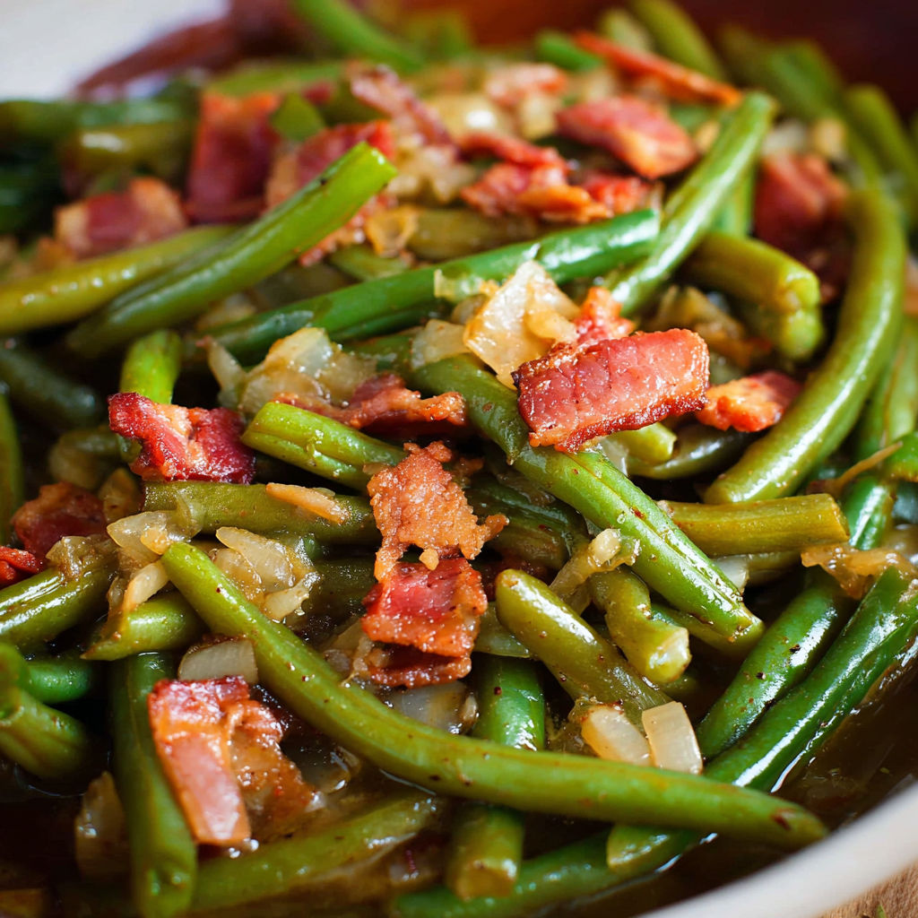 A bowl of food containing green beans, onions, and bacon.