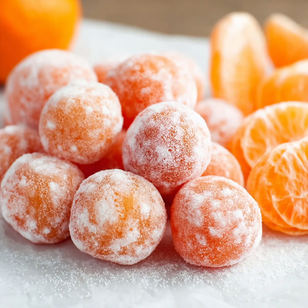 A pile of frozen orange slices on a table.