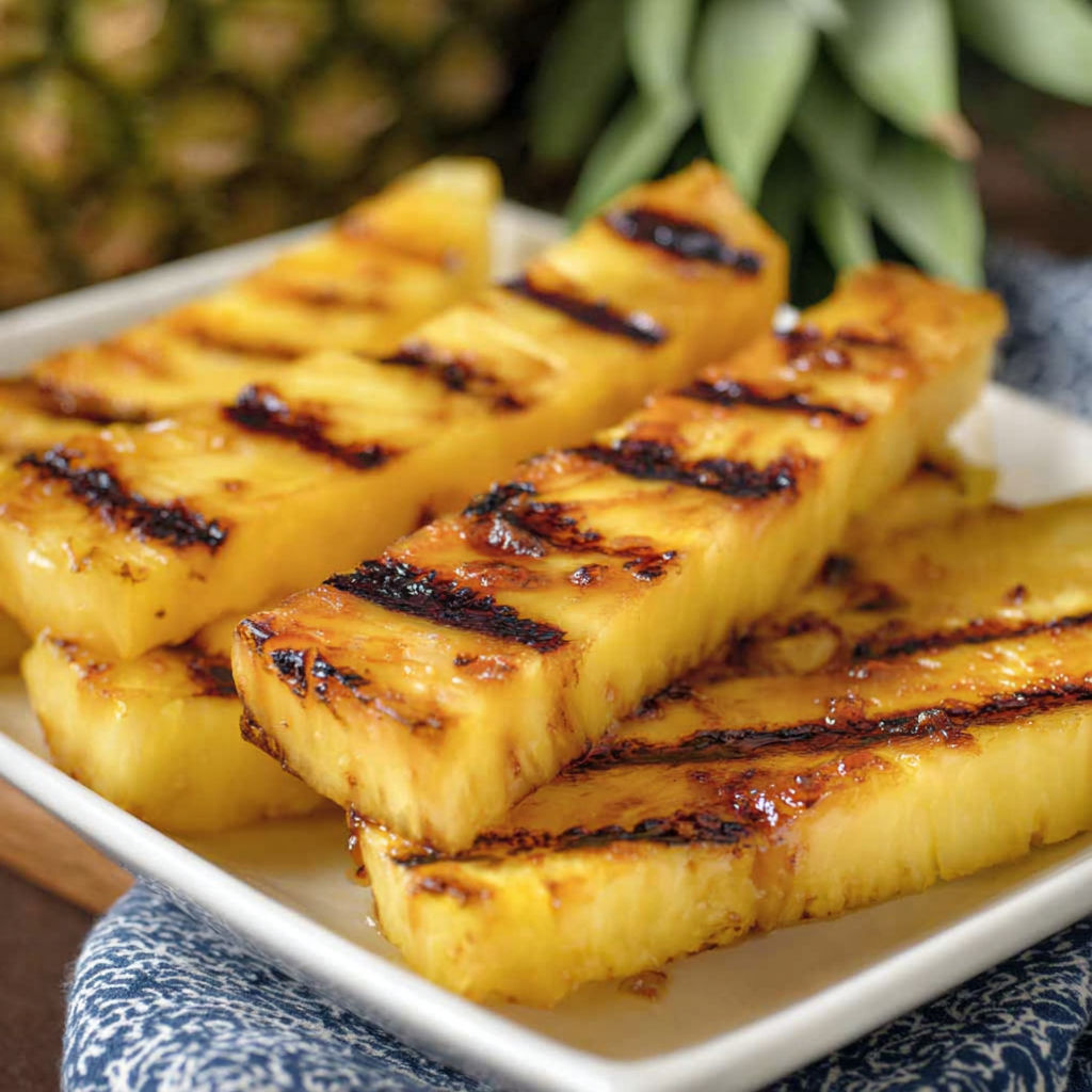 A delicious grilled pineapple with cinnamon honey drizzle, ready to be enjoyed.