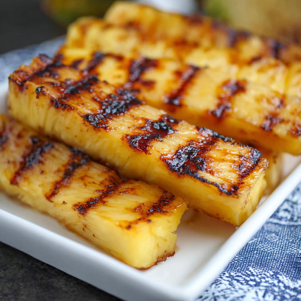 A white plate with two pieces of grilled pineapple.