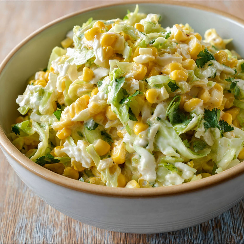 A bowl of Jalapeno Corn Coleslaw is displayed on a wooden table.