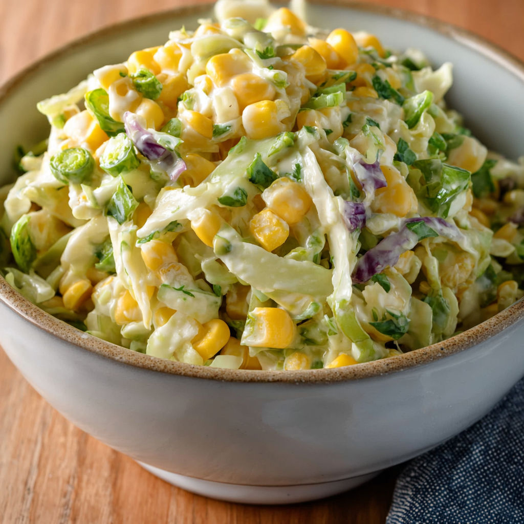 A bowl of salad with corn, cabbage, and other vegetables.