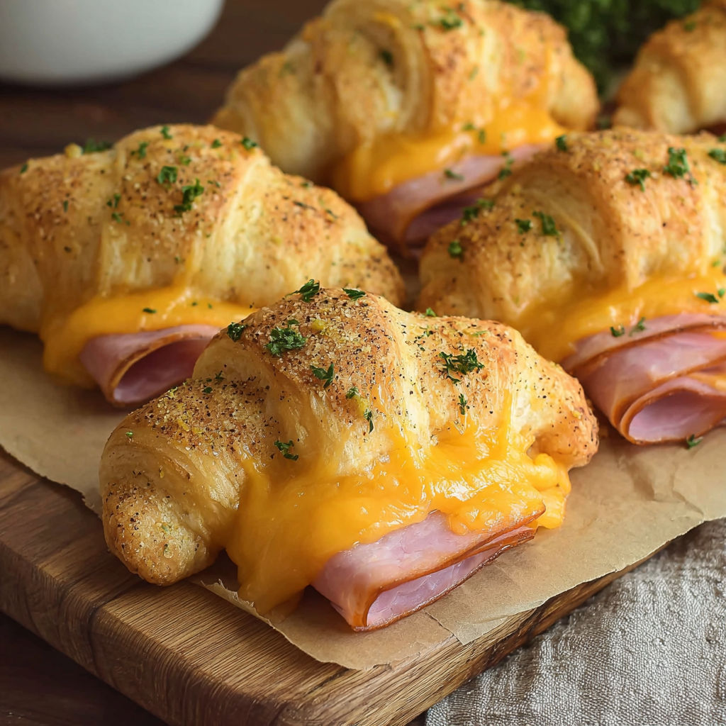 A plate of ham and cheese croissants.