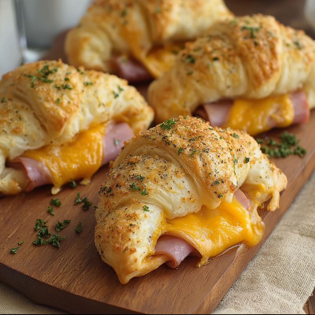 A delicious ham and cheese croissant is served on a wooden cutting board.