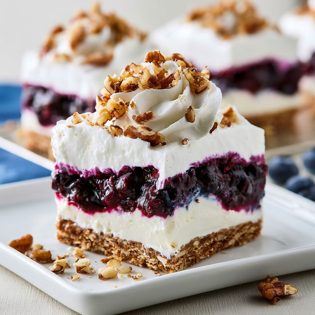 A slice of Blueberry Lush cake with a dollop of whipped cream on top.