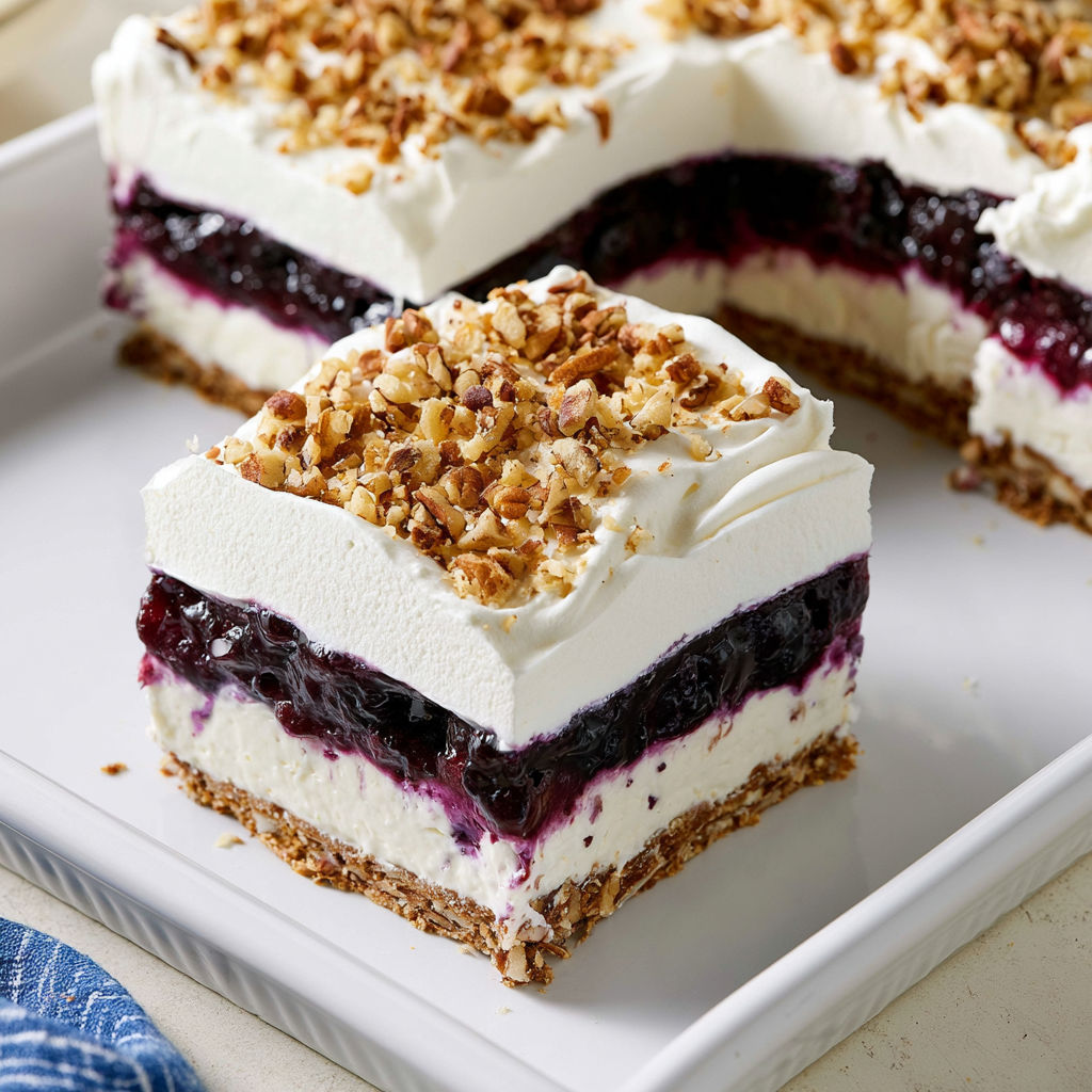 A slice of cake with a crumbly topping and blueberry filling.