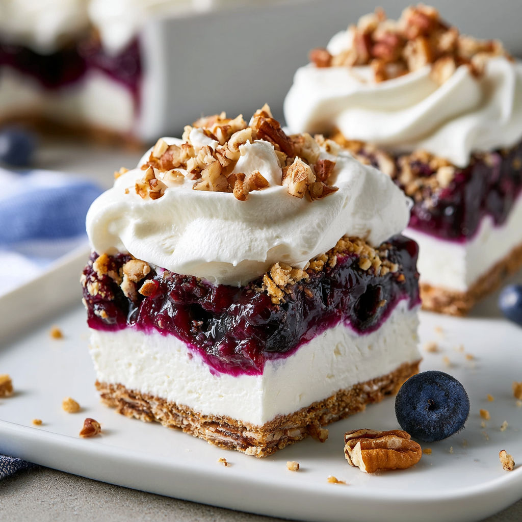 A slice of blueberry cheesecake with a crumb topping.