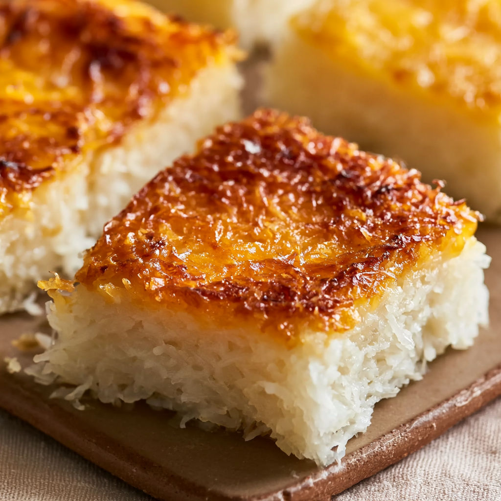A slice of Sticky Coconut Cake on a plate.