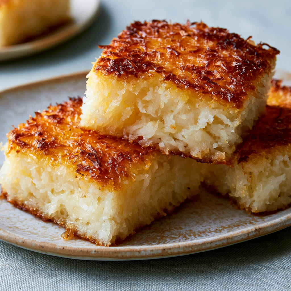 A plate of Sticky Coconut Cake sits on a table.