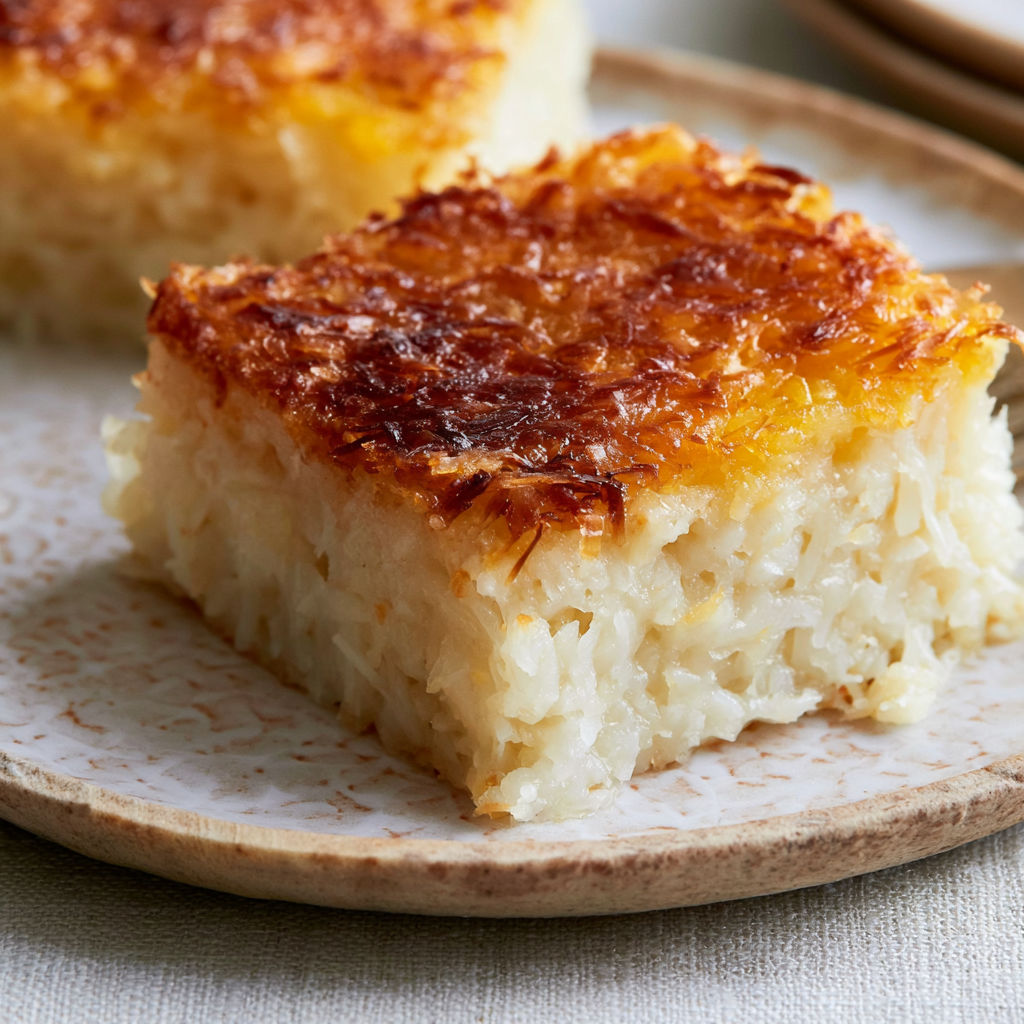 A slice of Sticky Coconut Cake on a plate.