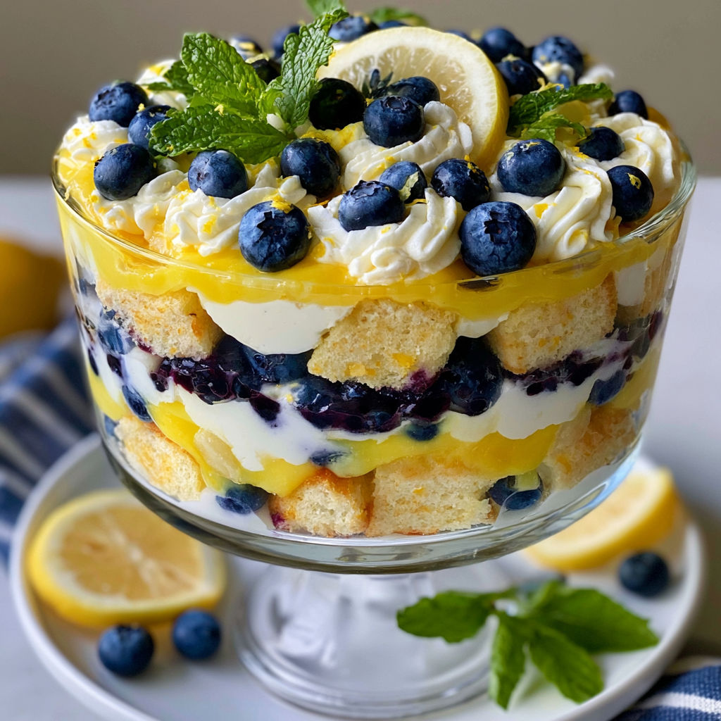 A delicious dessert with a yellow and blue color scheme, featuring lemon, blueberry, and white cream.