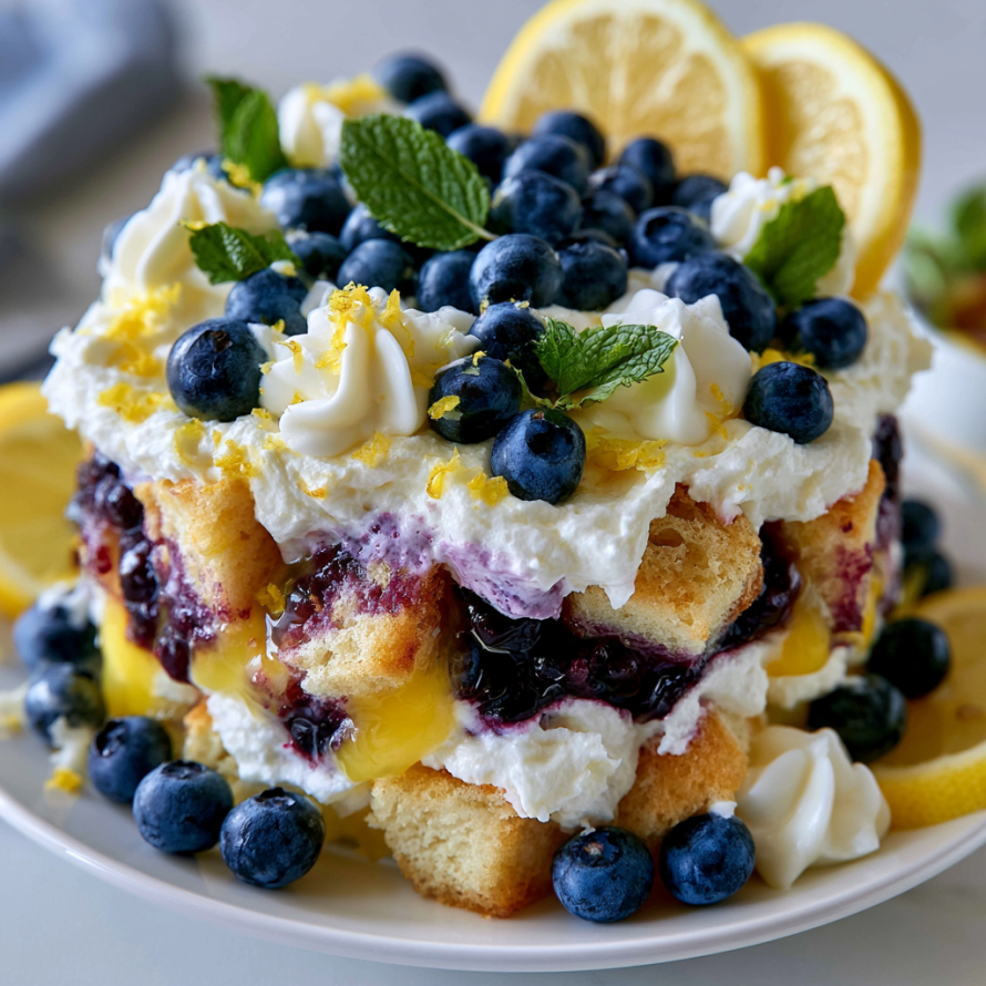 A delicious dessert with a combination of blueberries, lemon, and whipped cream.
