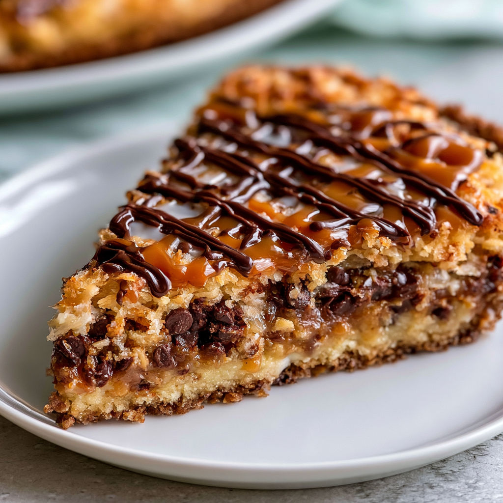 A slice of Samoas Cookie Pie with chocolate drizzle on a white plate.
