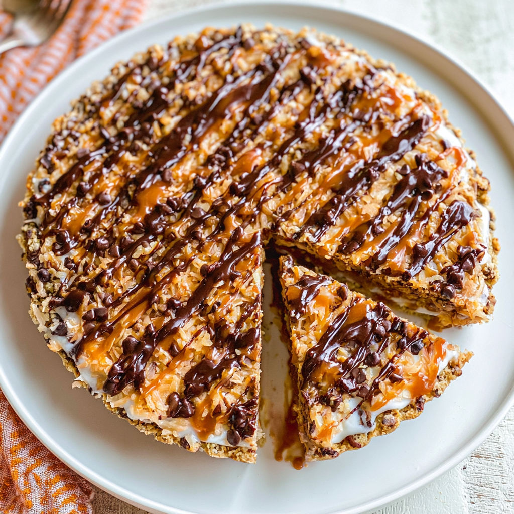 A slice of caramel-covered cake on a plate.