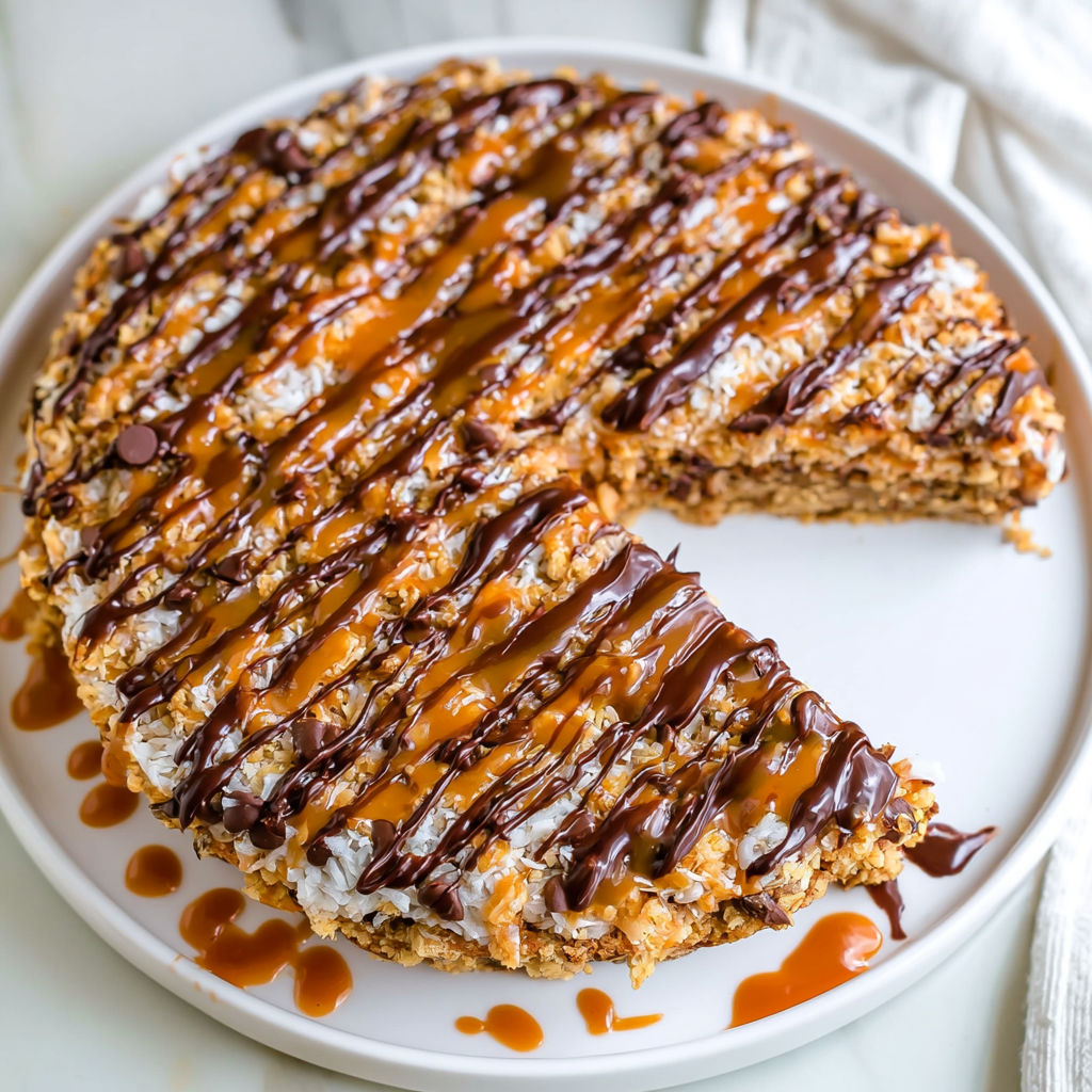 A slice of chocolate and caramel covered cake on a plate.