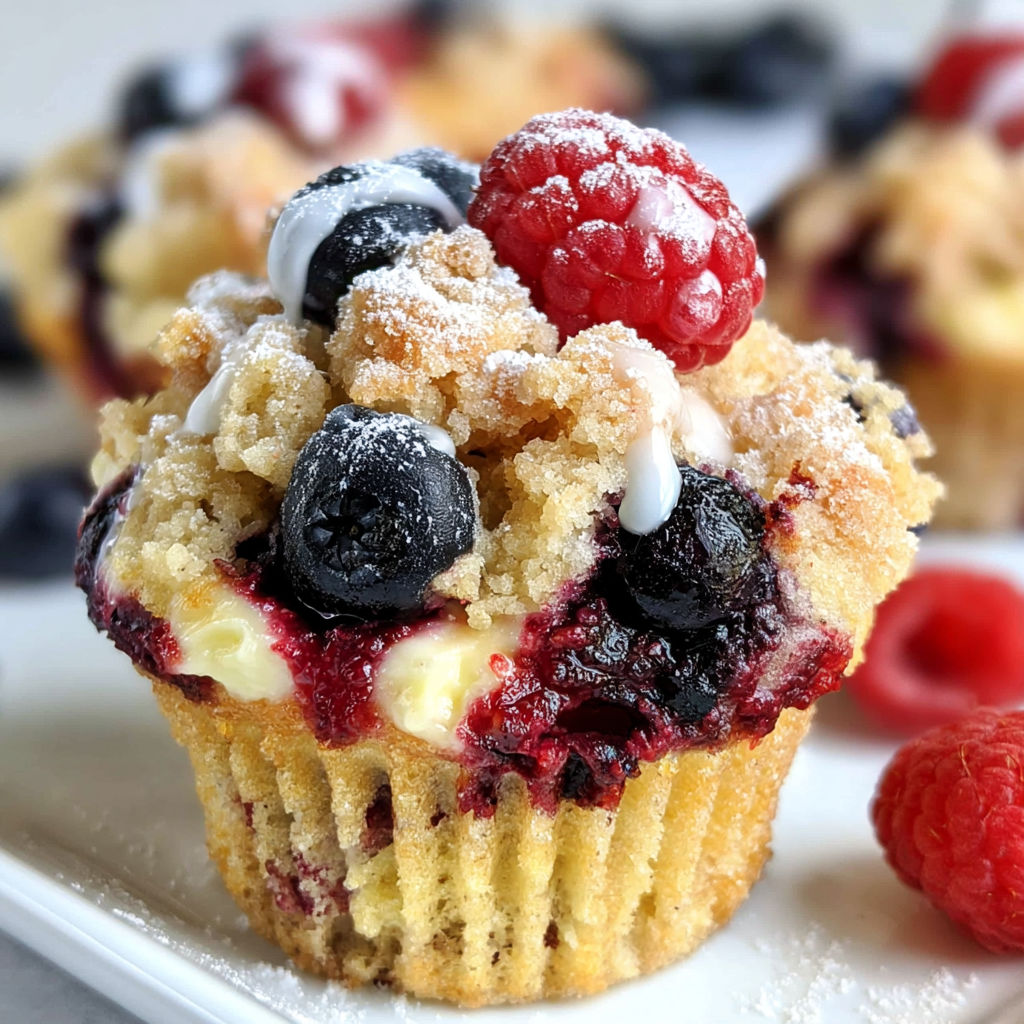 A delicious berry cream cheese muffin with a white frosting and blueberries on top.