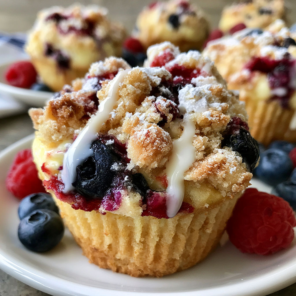 A plate of blueberry muffins with white frosting and blueberries on top.