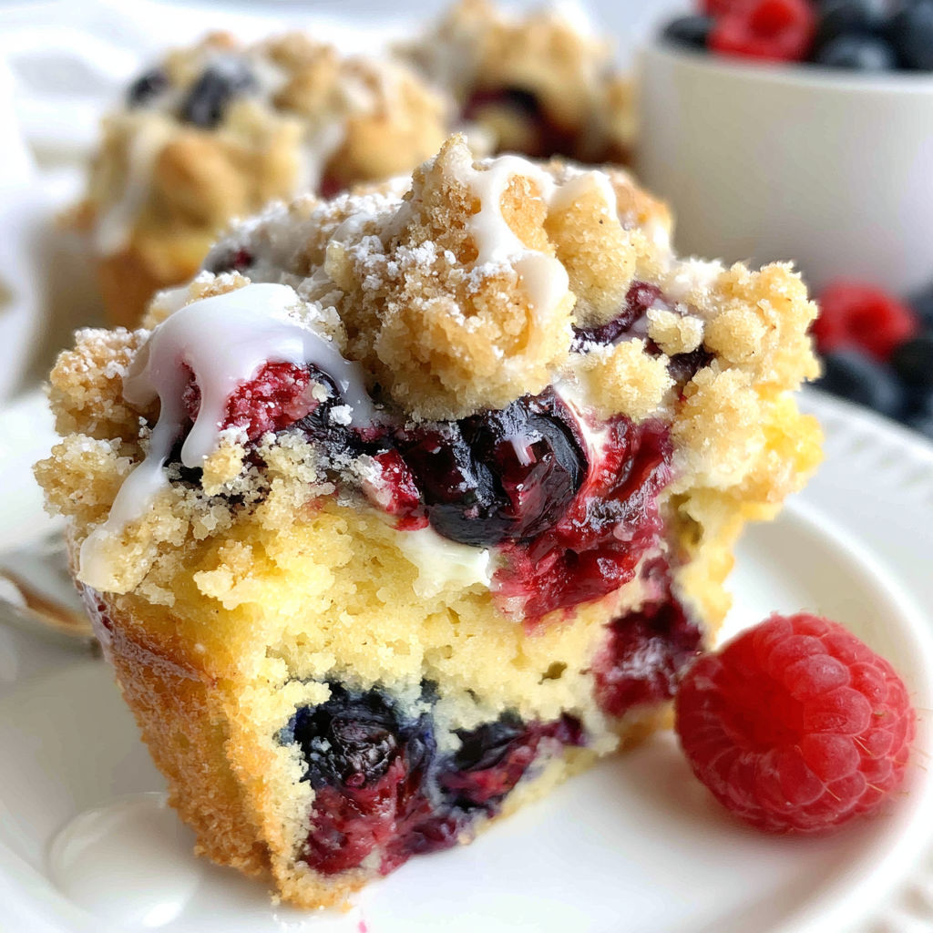A slice of blueberry cake with white frosting and raspberries on top.