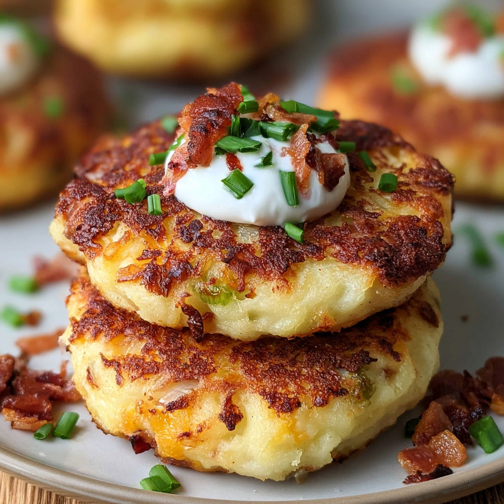 A plate of mashed potato cakes with bacon and sour cream on top.