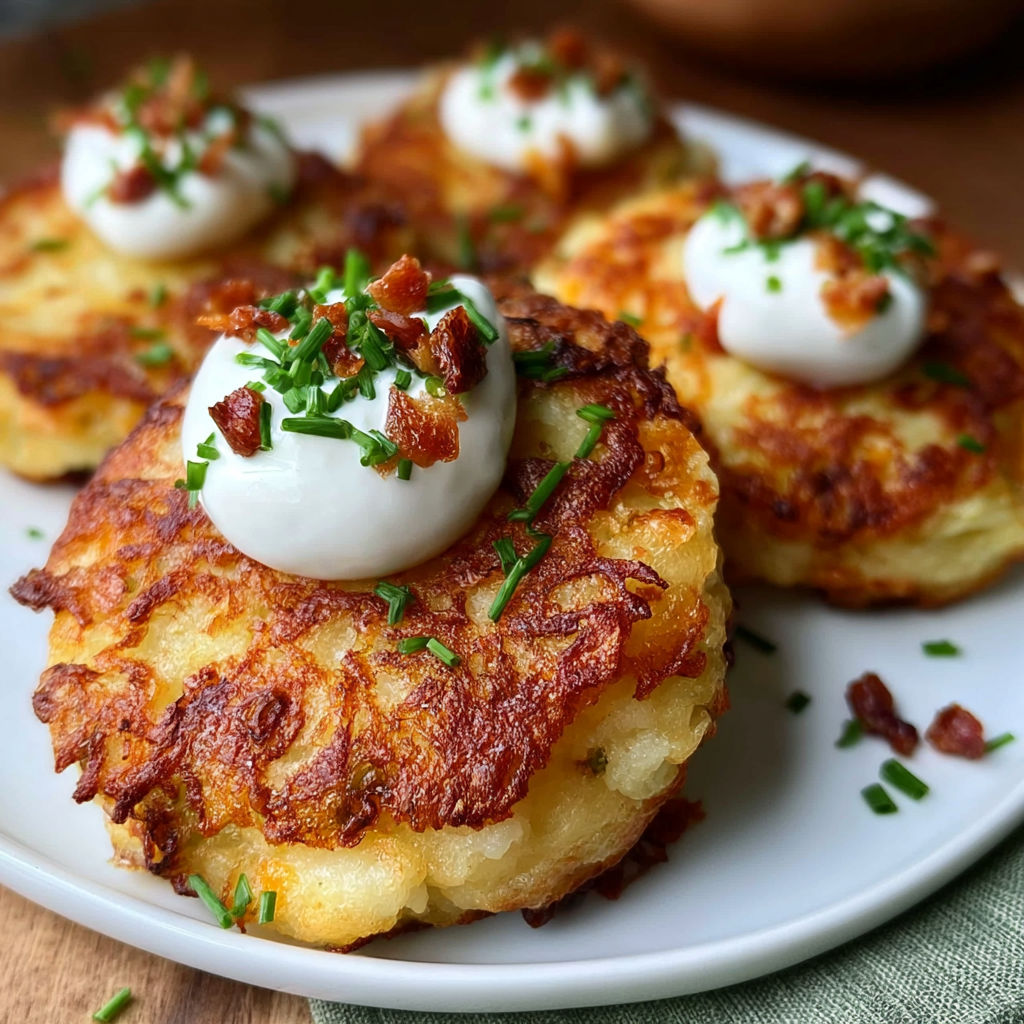 A plate of bacon and cheese stuffed potatoes with a dollop of sour cream on top.