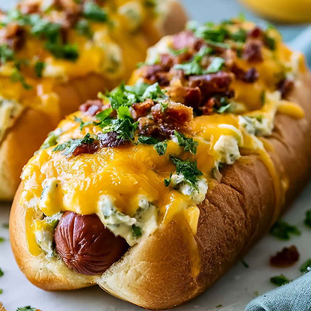 Two loaded jalapeño popper hot dogs with bacon and cheese on a white plate.