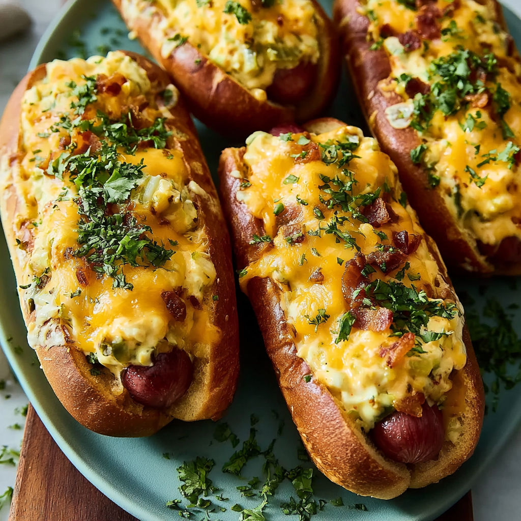 A plate of hot dogs with cheese and bacon toppings.