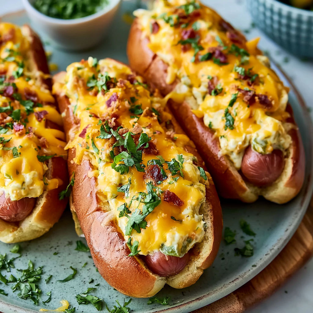 A plate of hot dogs with cheese and bacon toppings.