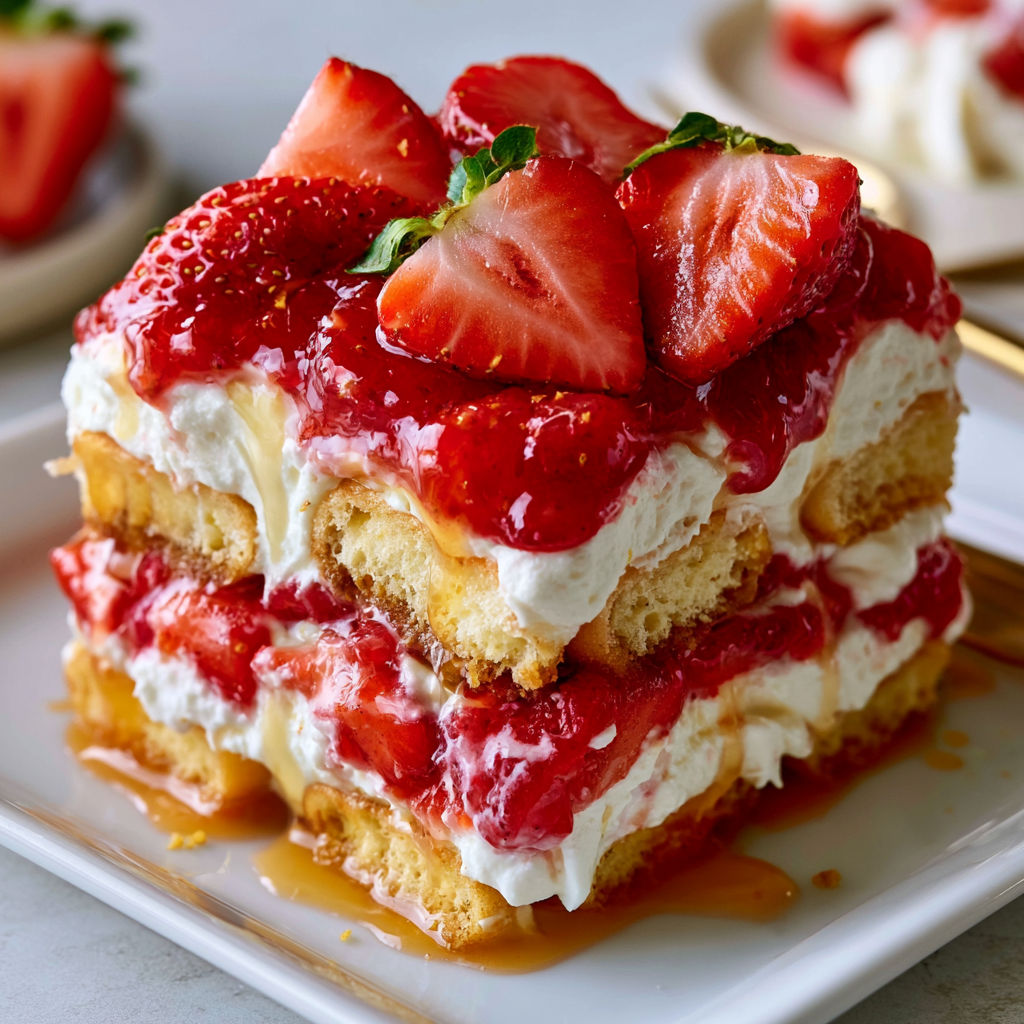 A stack of strawberry shortcake with whipped cream and strawberries on top.